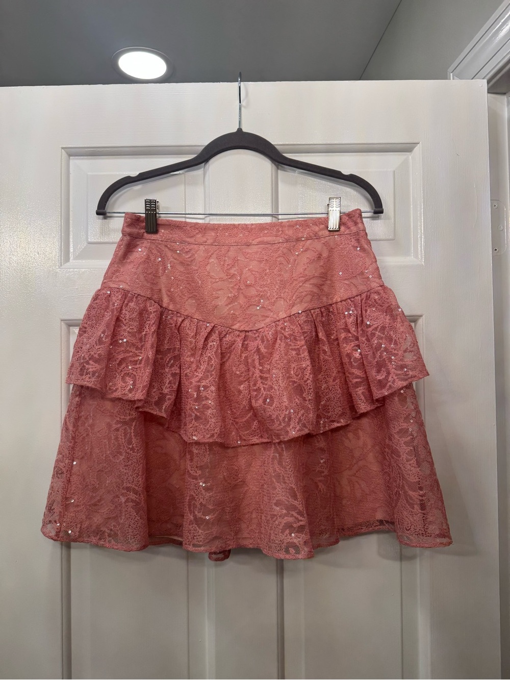 tiered pink lace sequin mini skirt